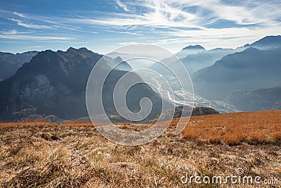 Aerial view of the Longarone valley next to the Italian Dolomites Stock Photo