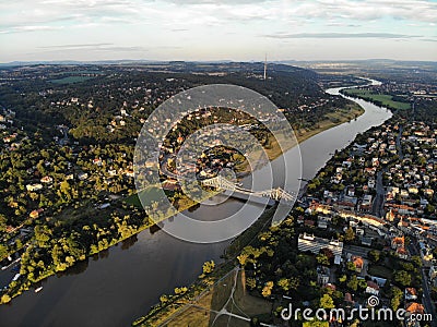 Aerial view of Loschwitz Bridge blue wonder, a cantilever truss bridge over the river Elbe Stock Photo