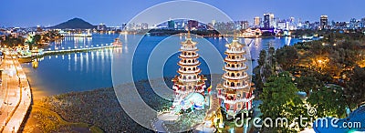 Aerial view Lotus Pond`s Dragon and Tiger Pagodas at night. kaohsiung city. Taiwan Stock Photo