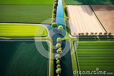 Aerial view of lush green agricultural fields and farm landscapes captured by a drone, Generative Ai Stock Photo