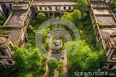 aerial view of lush monastery garden and courtyard Stock Photo