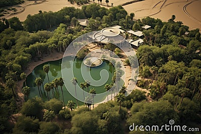 aerial view of a lush oasis surrounded by sand dunes Stock Photo