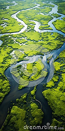 Aerial View Of Lush Swamp Land: Intricately Mapped Worlds And Photo-realistic Landscapes Stock Photo