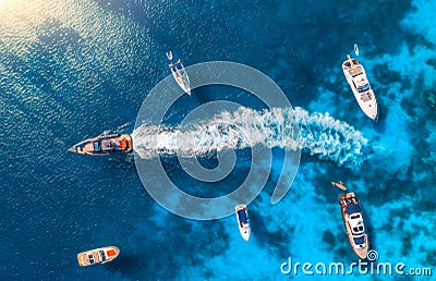 Aerial view of luxury yachts and boats on blue sea at sunny day Stock Photo