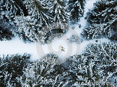 Aerial view of the lying man in winter forest Stock Photo