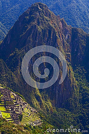 Aerial View of Machu Picchu and Ancient Incan Ruins Stock Photo