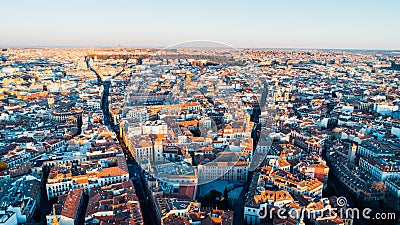 Aerial view of Madrid city centar at sunset. Architecture and landmarks of Madrid. Cityscape of Madrid,Popular tourist attraction Stock Photo