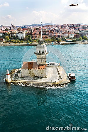 Aerial view of Maiden`s Tower in Istanbul on the Bosphorus. Stock Photo