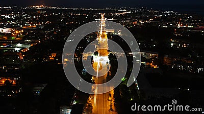 Aerial, Camera Down, Main street, City, Night, Excerpt, Roads, Top Stock Photo