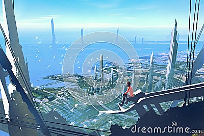 Aerial view with the man sitting on edge of building looking at futuristic city Cartoon Illustration