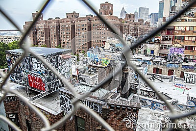 Aerial view of Manhattan rooftops painted with colorful graffiti Editorial Stock Photo