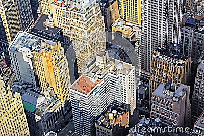 Aerial view of Manhattan skyline at sunset, New York City Stock Photo