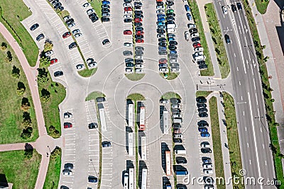 Aerial view of many cars standing on parking lot. drone photography Editorial Stock Photo