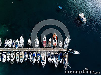 Aerial view of marina lot. Boats in the port in Greece. Stock Photo