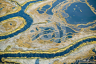Aerial view of marsh, wetland abstraction of salt and seawater, and Rachel Carson Wildlife Sanctuary in Wells, Maine Stock Photo
