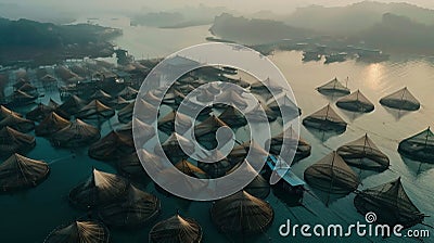 Aerial view of a massive fishing fleet working together, with multiple boats deploying large nets in a coordinated Stock Photo