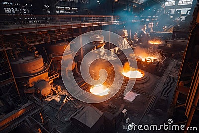 Aerial view of a massive steel mill, with molten metal being poured into molds, sparks flying, and heavy machinery at work Stock Photo