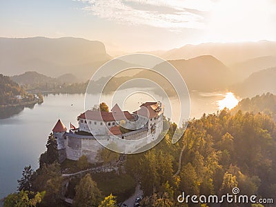 Medieval castle on Bled lake in Slovenia in autumn. Stock Photo
