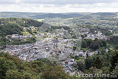 Aerial view medieval city Bouillon along river Semois in Belgium Stock Photo