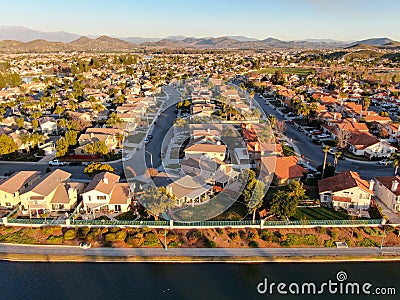 Aerial view of Menifee Lake and neighborhood, residential subdivision vila during sunset. Stock Photo