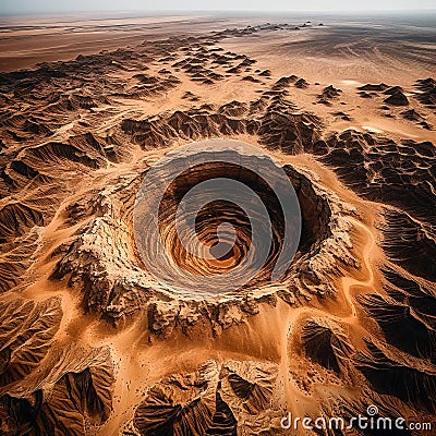 Aerial view of a meteorite crater or caldera with concentric rings of erosion in a rocky desert similar to the Eye of the Sahara, Stock Photo