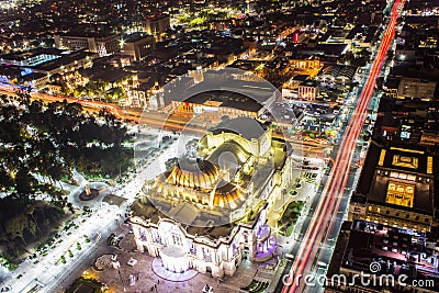 Aerial view of Mexico City, light trails and Bellas Artes Stock Photo