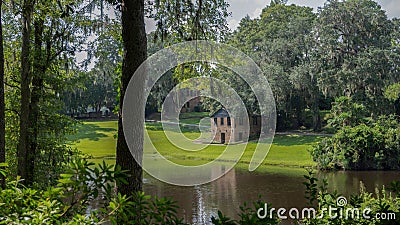 Aerial view of Middleton Place Plantation surrounded by dense trees in Charleston Stock Photo