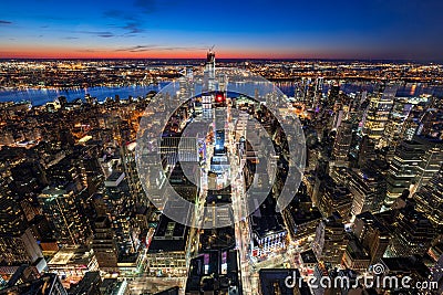 Aerial view of Midtown West Manhattan with new Hudson Yards skyscrapers under contruction at twilight. Manhattan, New York City Editorial Stock Photo