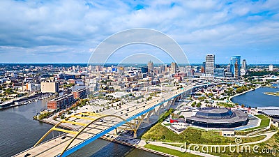 Aerial View of Milwaukee Cityscape with Stadium and Hoan Bridge Panorama Editorial Stock Photo