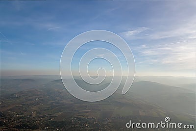 Aerial View Mist over the mountains. Winter landscape Stock Photo