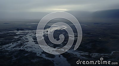 Eerie River Flowing Through Expansive Landscapes In Matte Painting Style Stock Photo