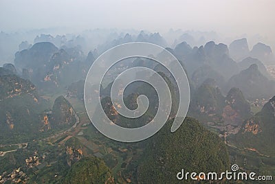 Aerial view of misty karst mountains in GuangXi Stock Photo