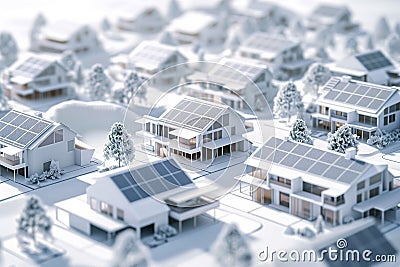 An aerial view of a modern housing development. each house with unique architectural style and solar panel arrays. By generative Stock Photo