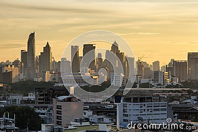 Aerial view modern office buildings in Bangkok city downtown with sunrise time, Bangkok Province, Thailand Editorial Stock Photo