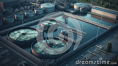 Aerial view of modern water cleaning facility. Generative Ai Stock Photo