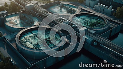 Aerial view of modern water cleaning facility. Generative Ai Stock Photo