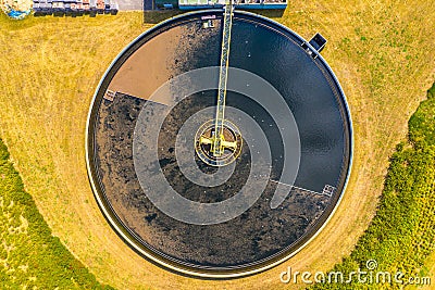 Aerial view of modern water cleaning facility at urban wastewater treatment plant. Purification process of removing undesirable Stock Photo