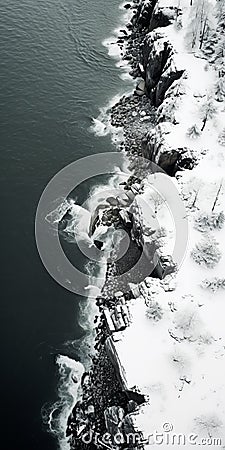 Surreal Birds-eye-view: White Snow Cliff With Juxtapositions Stock Photo