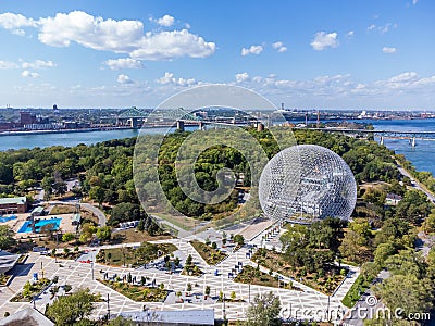 Aerial view of Montreal Biosphere in summer sunny day. Jean-Drapeau park Editorial Stock Photo