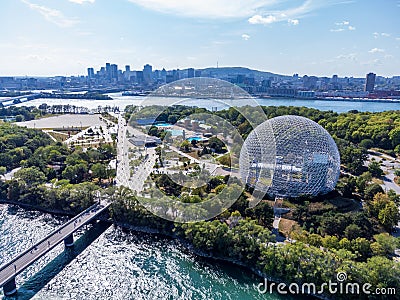 Aerial view of Montreal Biosphere in summer sunny day. Jean-Drapeau park Stock Photo