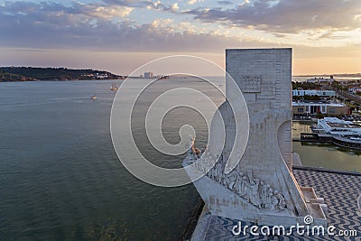 Aerial view of the Monument to the Discoveries Padrao dos Descobrimentos in the city of Lisbon, Portugal, at sunset; Editorial Stock Photo