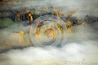 Aerial view of Morning fog and sunrise in autumn near Stowe, VT on Scenic Route 100 Stock Photo