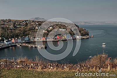 Aerial view in morning light of Tobermory Bay on the Isle of Mull. Stock Photo