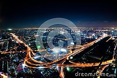 Aerial view of the motorway in central Bangkok at night, Thailand Stock Photo