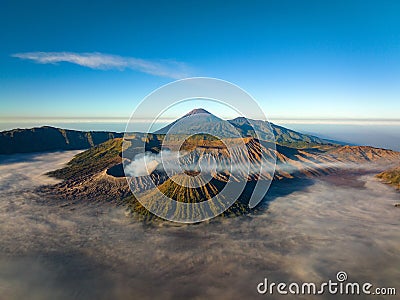 Aerial view Mount Bromo active volcano at sunrise, Indonesia Stock Photo