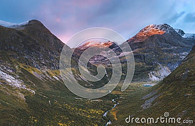 Aerial view mountains valley in Norway sunset landscape nature Stock Photo