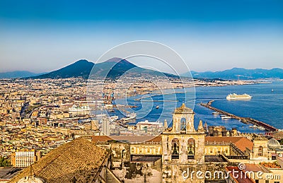 Aerial view of Naples with Mount Vesuvius at sunset, Campania, Italy Stock Photo