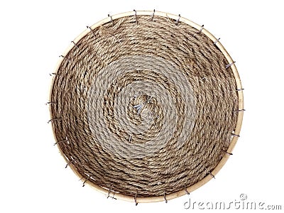 Aerial view of natural rattan oval basket isolated on white background. Overhead view of Rustic Raffia Tray. Handmade bowl with Stock Photo