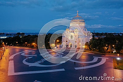 Aerial view of the Naval Cathedral of Nicholas the Wonderworker in Kronstadt at night. Kotlin Island. Detail of the southern Stock Photo