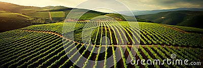 aerial view of neatly arranged vineyard rows in a wine-producing region . Generative AI Stock Photo
